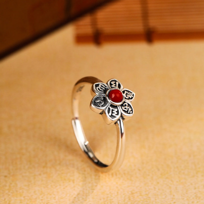 Six Syllable Mantra Red Agate S925 Silver Ring-Quiet in Bloom