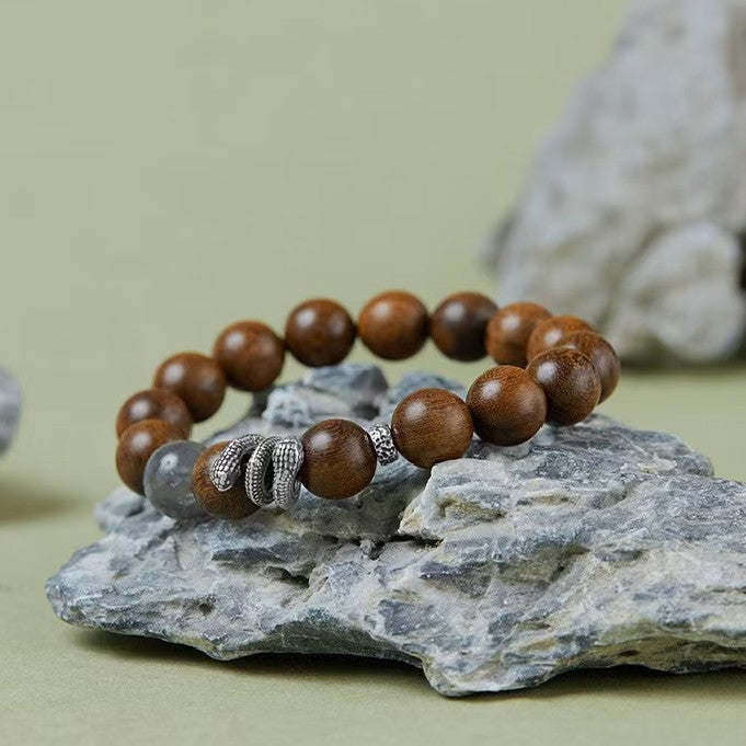 Silver Snake Sandalwood Bead Bracelet-Protection and Wealth