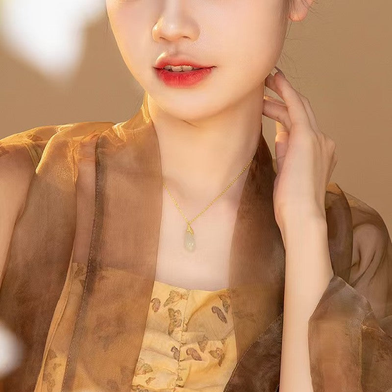 Gold Branch Jade Magnolia Pendant Necklace- wealth and prosperity