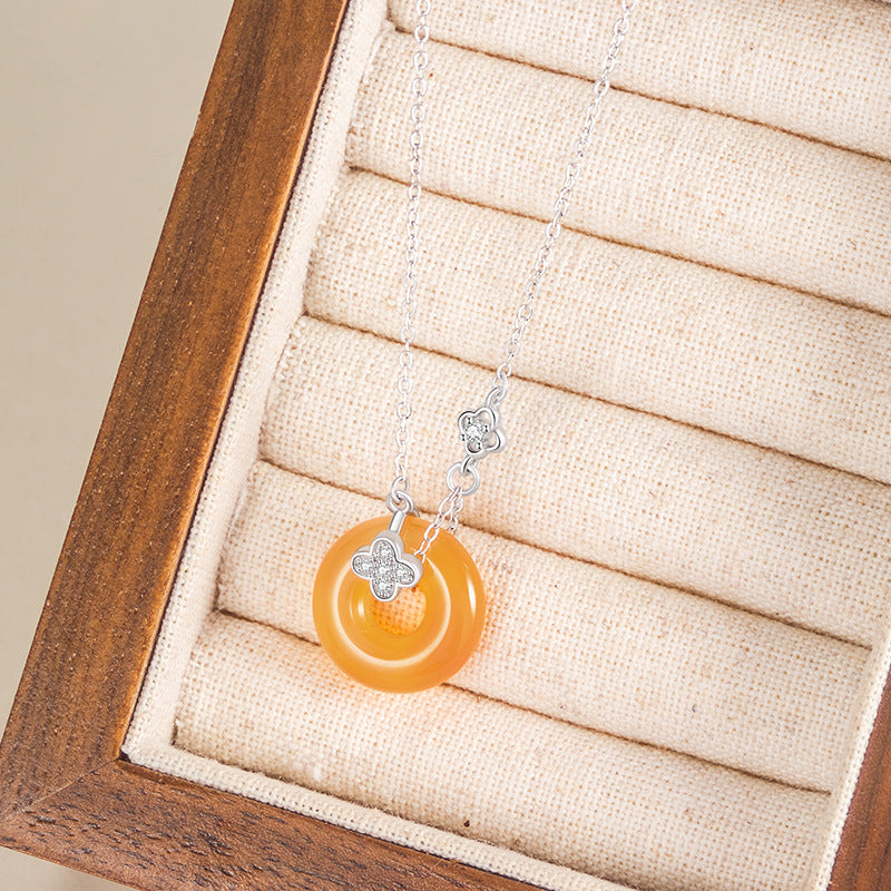 Four Leaf Clover Honey Orange Agate Necklace-Luck by Your Side