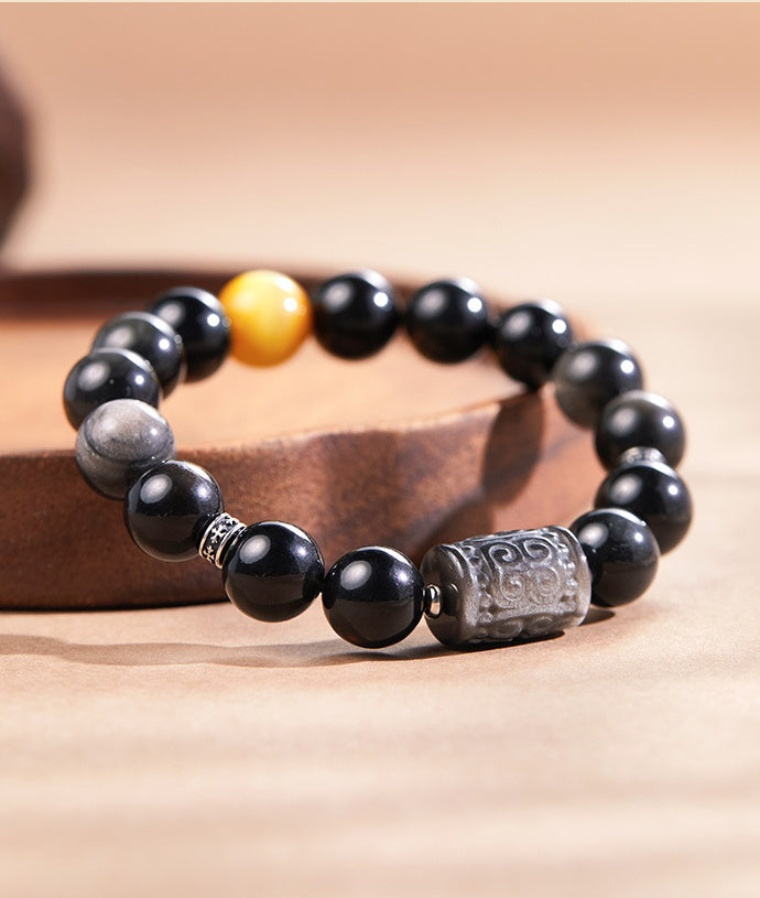 Silver Sheen Obsidian Golden Tiger's Eye Barrel Bead Bracelet-Fearless Soul