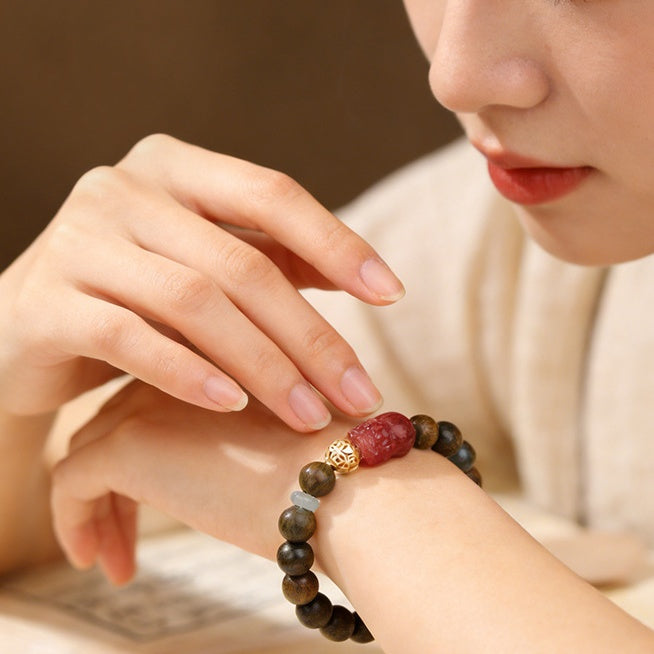 Strawberry Quartz Pixiu Green Sandalwood Bracelet-Verdant Echoes & Crimson Luck