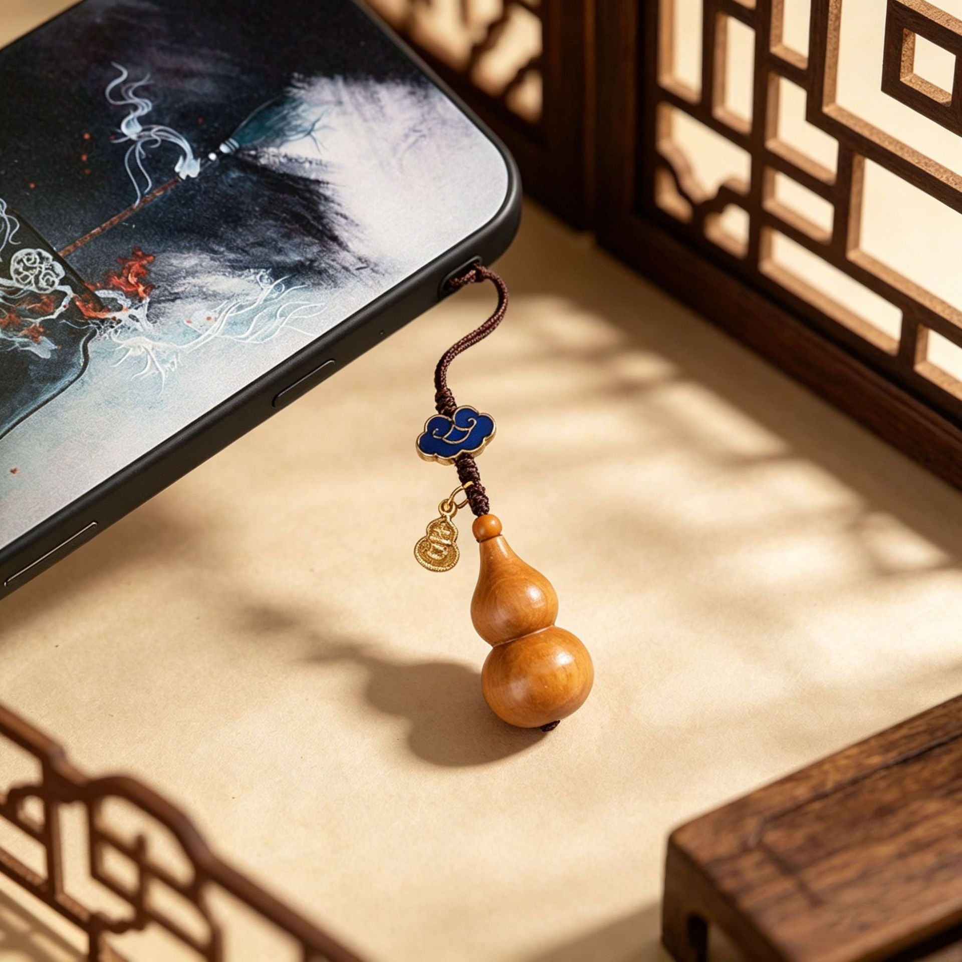 Sandalwood Gourd Lucky Charm Phone Strap-Cloisonné & 18K Gold Plated