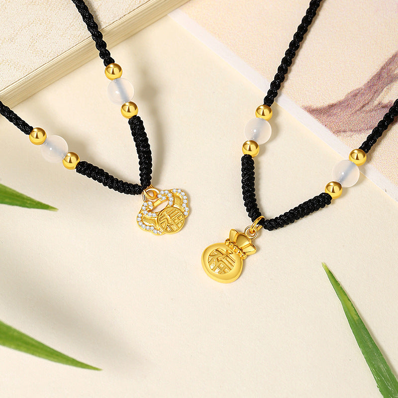 Good Fortune Close-Auspicious Charms Chalcedony Cord Necklace