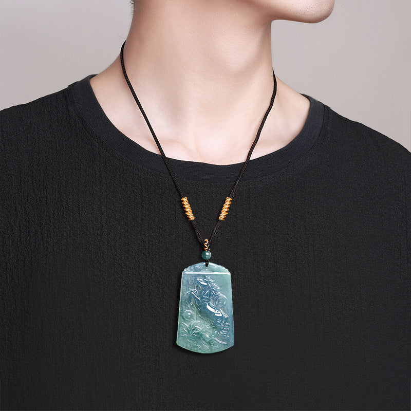 The Galloping Spirit of Success Horse Jade Pendant-Natural Blue Water Jadeite