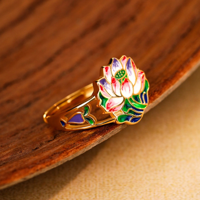 Delicate Bloom-Enamel Lotus Gold-Plated Ring