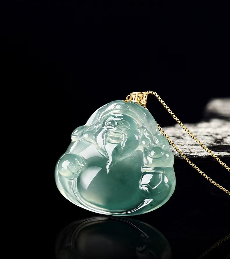 Blue Jadeite God of Wealth Pendant – Natural Ice-Type Jade Necklace with 18K Gold Setting