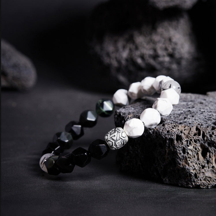 Peace and Auspicious Blessings-Six-Syllable Mantra 999 Fine Silver Rhombus Obsidian Beaded Bracelet
