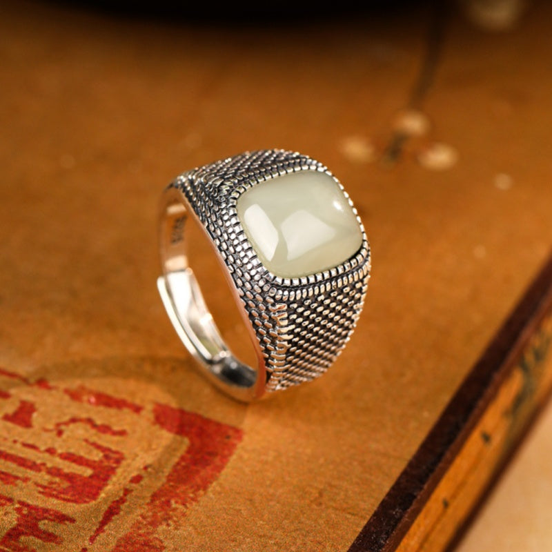 Cushion Nephrite Jade Textured S925 Silver Adjustable Ring-Quiet Composure