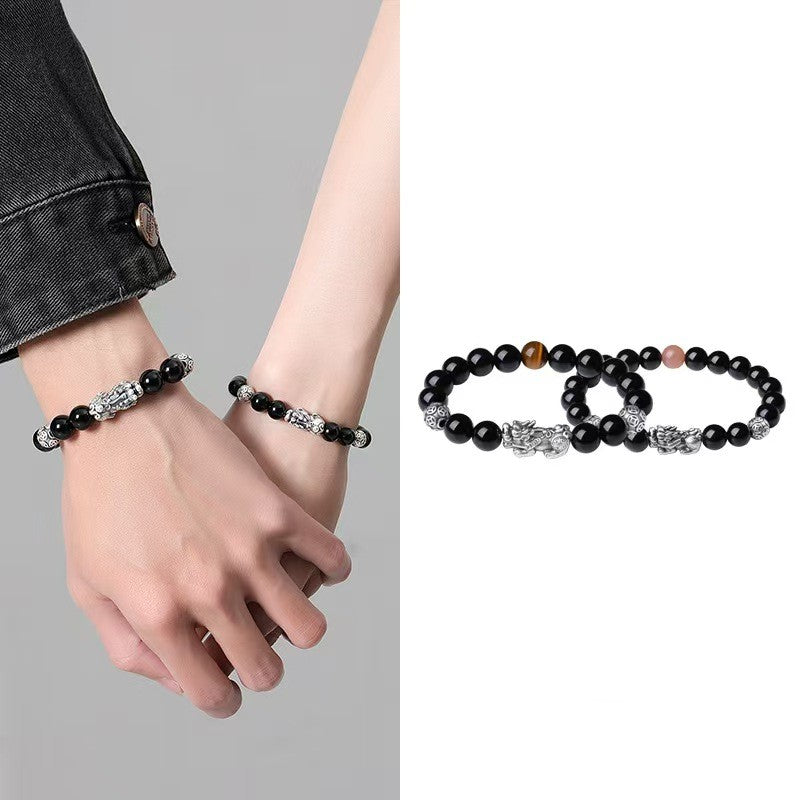 999 Silver Pixiu Black Obsidian Couple Bracelet-Protection and Wealth