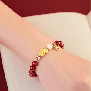 Gold Pixiu Red Cinnbar Beads Bracelet-Attract Luck