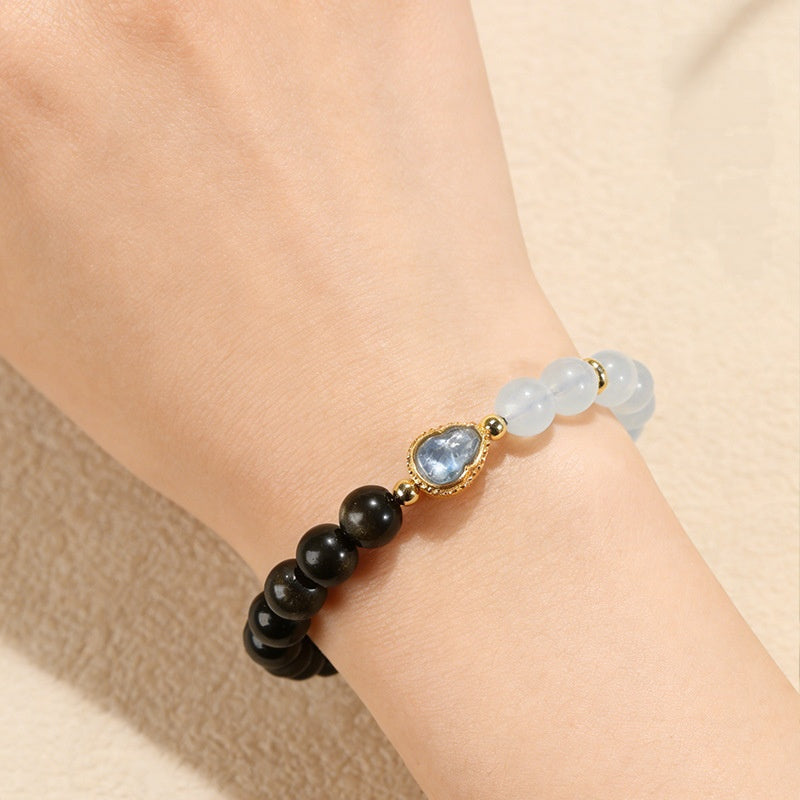 Clarity in Motion-Gold Obsidian Aquamarine Gourd Bracelet
