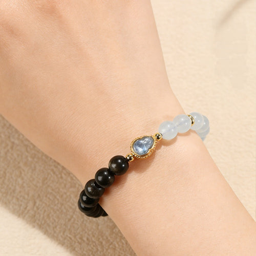 Clarity in Motion-Gold Obsidian Aquamarine Gourd Bracelet