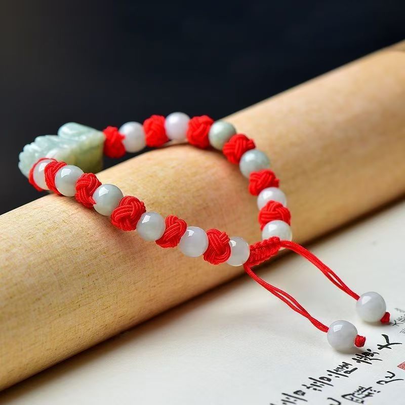 Grand A Natural White Jade Pixiu Red Rope Wealth Bracelet