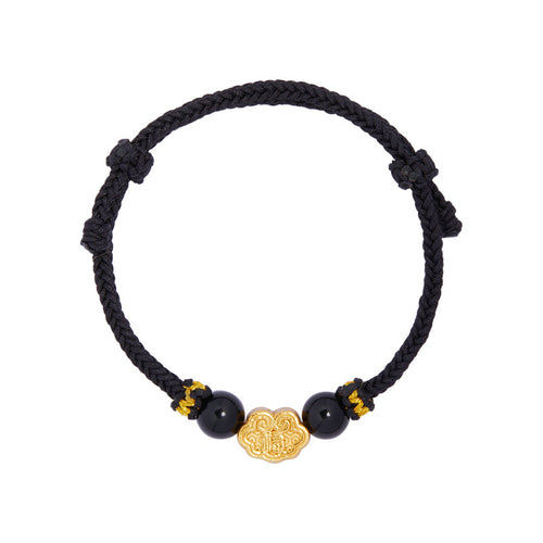 999 Sterling Silver & Obsidian Fortune Bracelet – Handmade Lucky Ruyi Knot Design