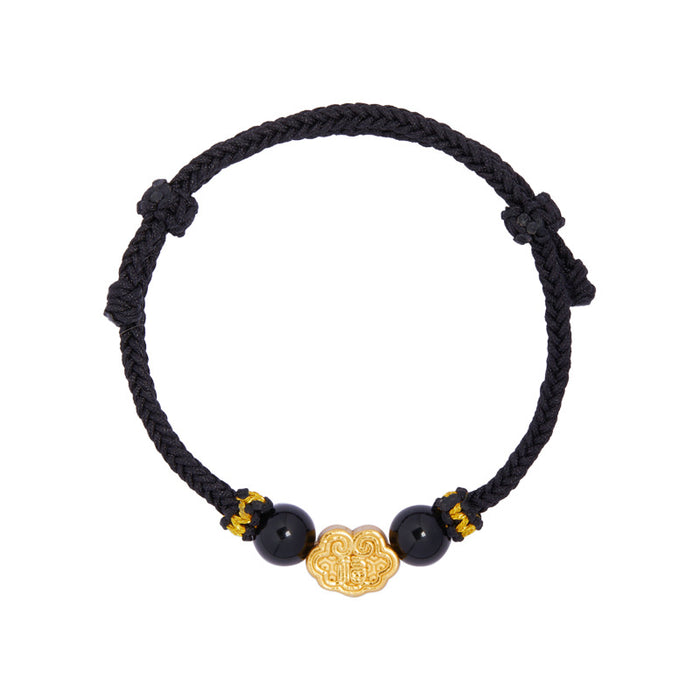 999 Sterling Silver & Obsidian Fortune Bracelet – Handmade Lucky Ruyi Knot Design