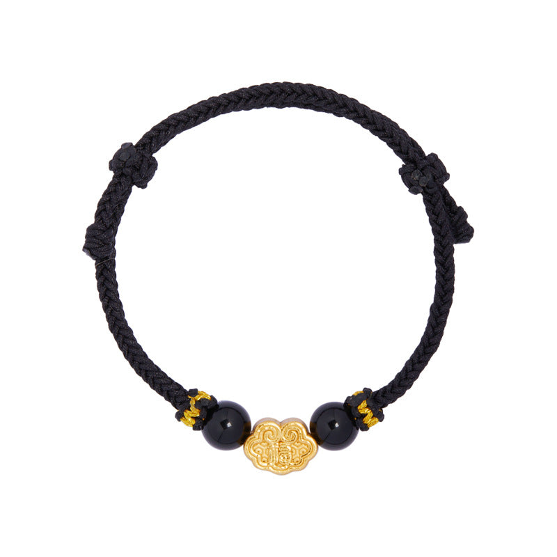 999 Sterling Silver & Obsidian Fortune Bracelet – Handmade Lucky Ruyi Knot Design