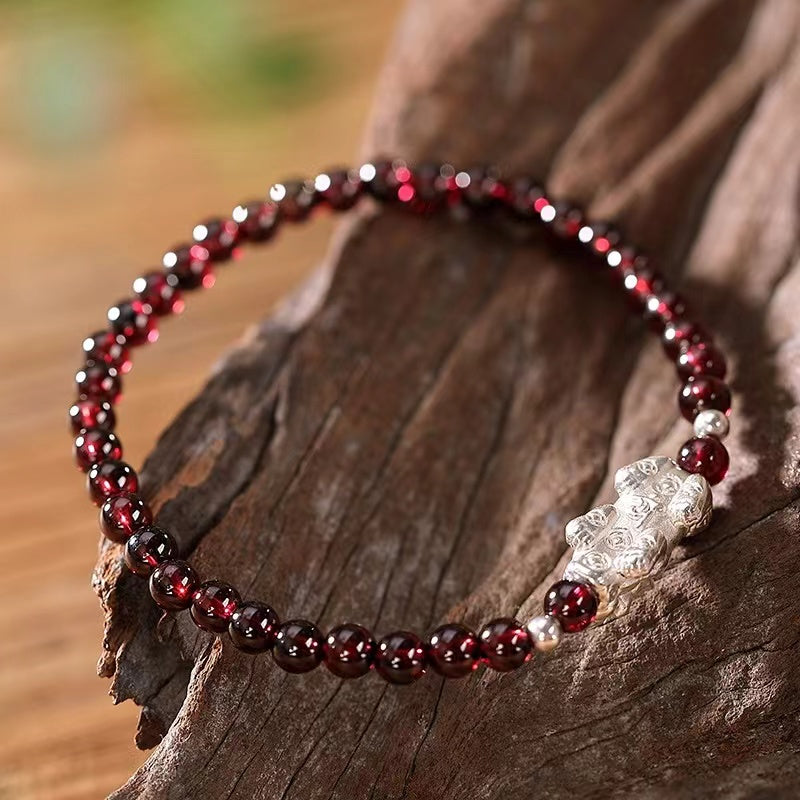 Natural Garnet Silver Pixiu Bracelet-Ancient Wisdom