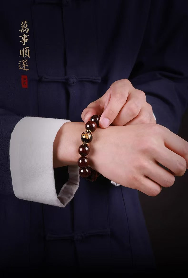 Red Sandalwood Bead Gold Obsidian Pixiu Bracelet -Attract Wealth