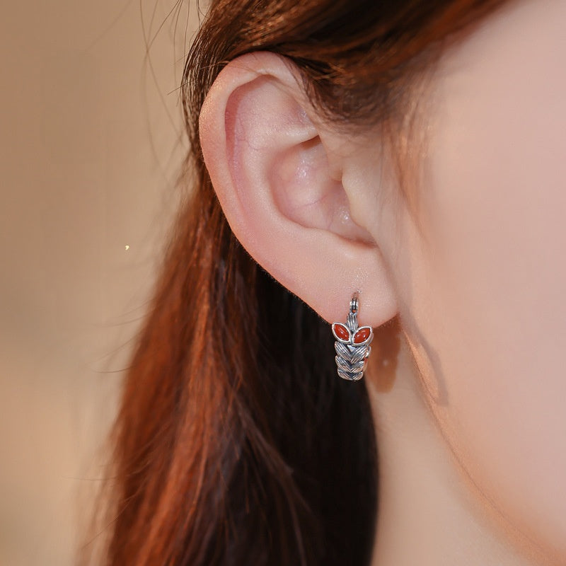 Abundant Harvest-Wheat Ear Red Agate S925 Silver Hoop Earrings