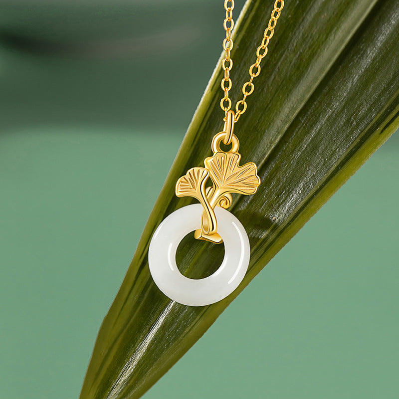 Ginkgo Nephrite Jade Peace Disc Necklace-Peace and Happiness