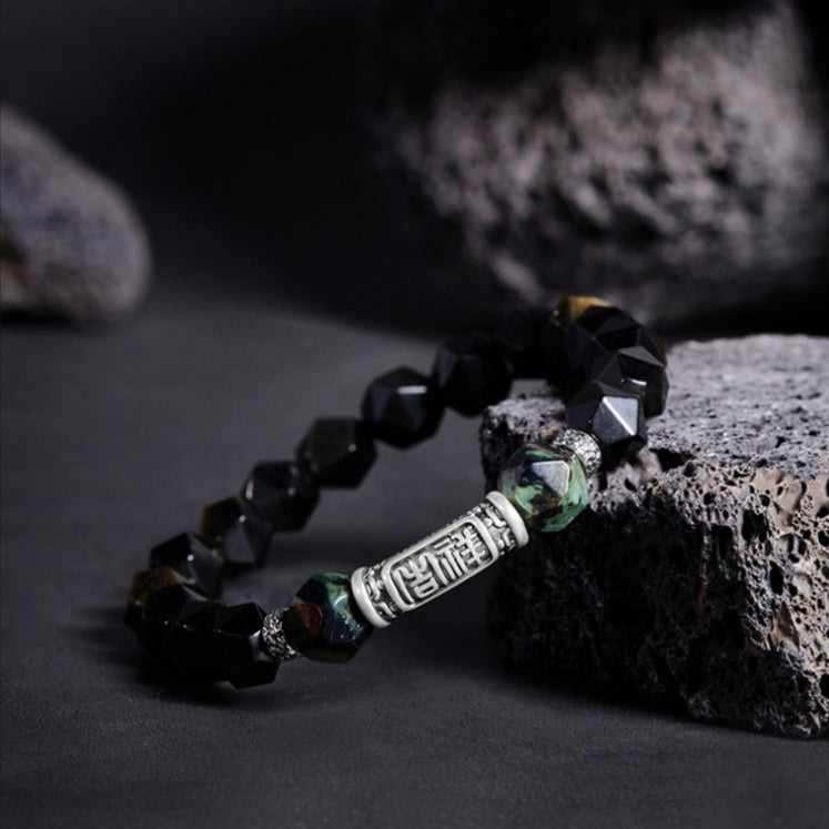 Blessings and Harmony-999 Fine Silver Auspicious Words Rhombus Obsidian Beaded Bracelet