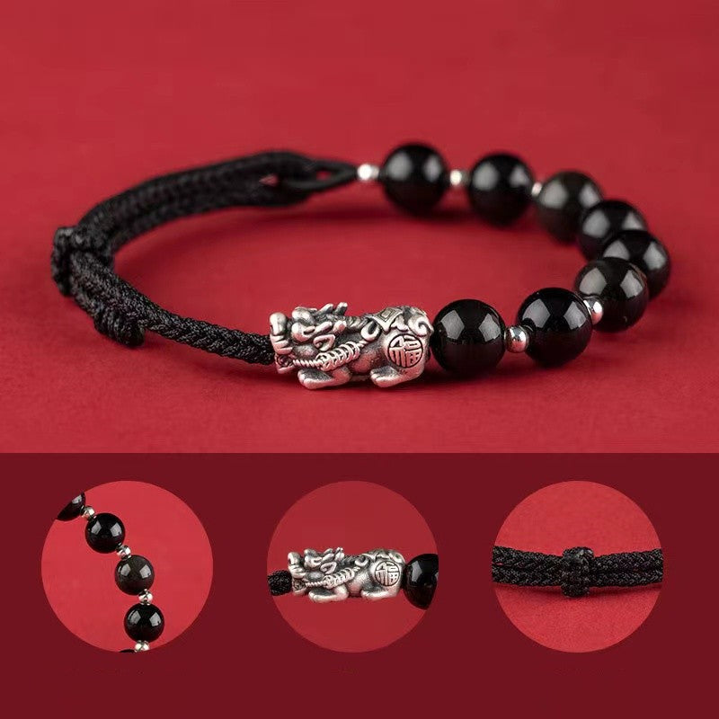 Silver Pixiu Obsidian Beads String Bracelet-Attract Luck