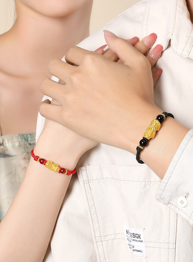 Welcoming Fortune-Pixiu Obsidian and Red Agate Couple Bracelet Set