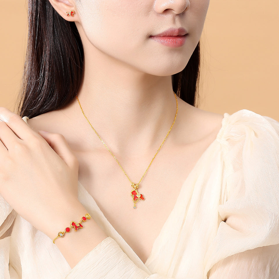 2026 Year of the Horse – Red Enamel “Wish You Wealth” Jewelry Set