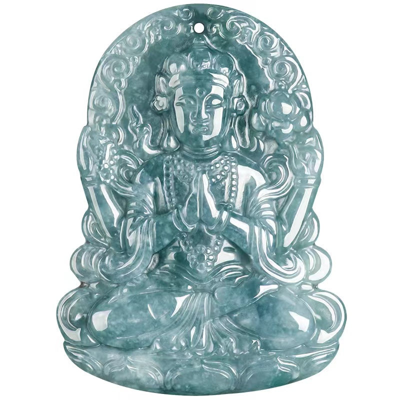 Guanyin Buddha Protection Pendant-Natural Blue Ice Jade