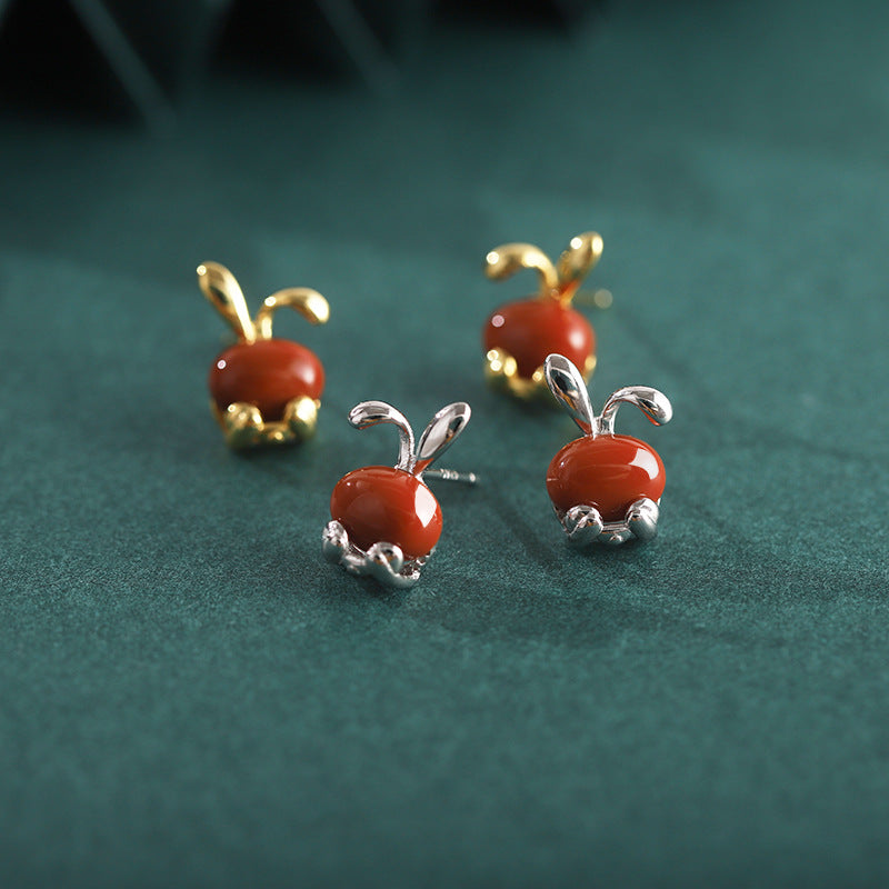 Bunny Nephrite Jade & Red Agate Stud Earrings-A Playful Little Wish