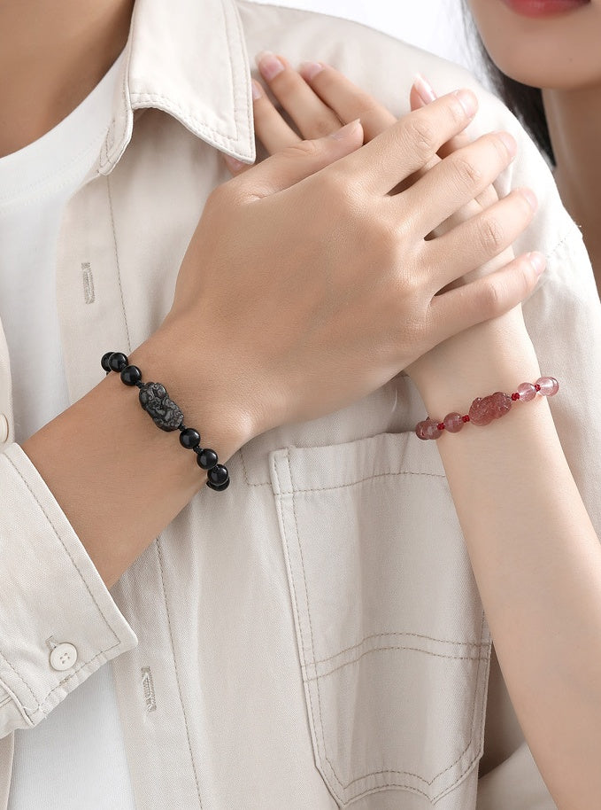 Pixiu Silver Sheen Obsidian and Strawberry Quartz Couple Bracelet Set-Auspicious Fortune