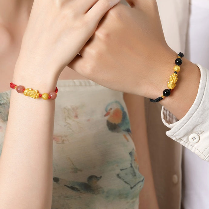 Wealth and Protection-Pixiu Sunstone and Obsidian Couple Bracelet