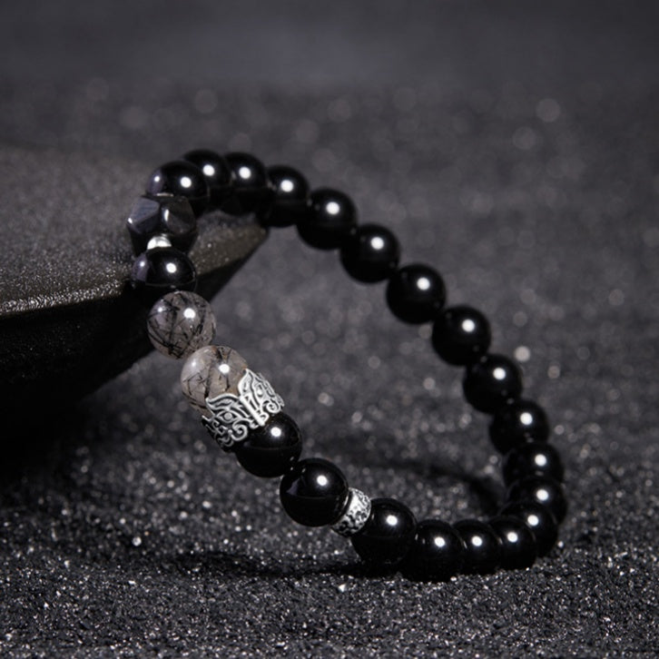 Ink Rhyme-Obsidian & Black Rutilated Quartz Beaded Bracelet