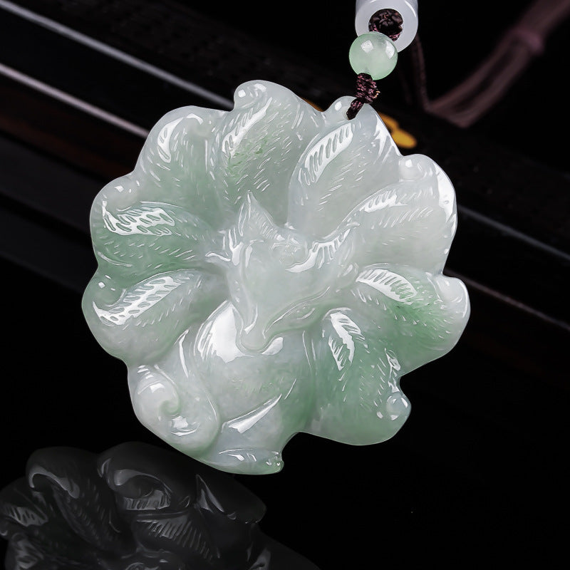 Nine-Tailed Fox Natural Blue Jadeite Pendant – Genuine A Jade Necklace in Glutinous Variety