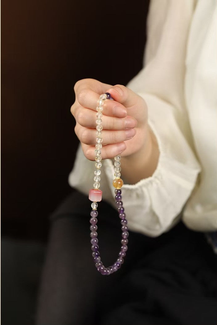 Square Pink Agate Amethyst and Citrine Double-Strand Bracelet