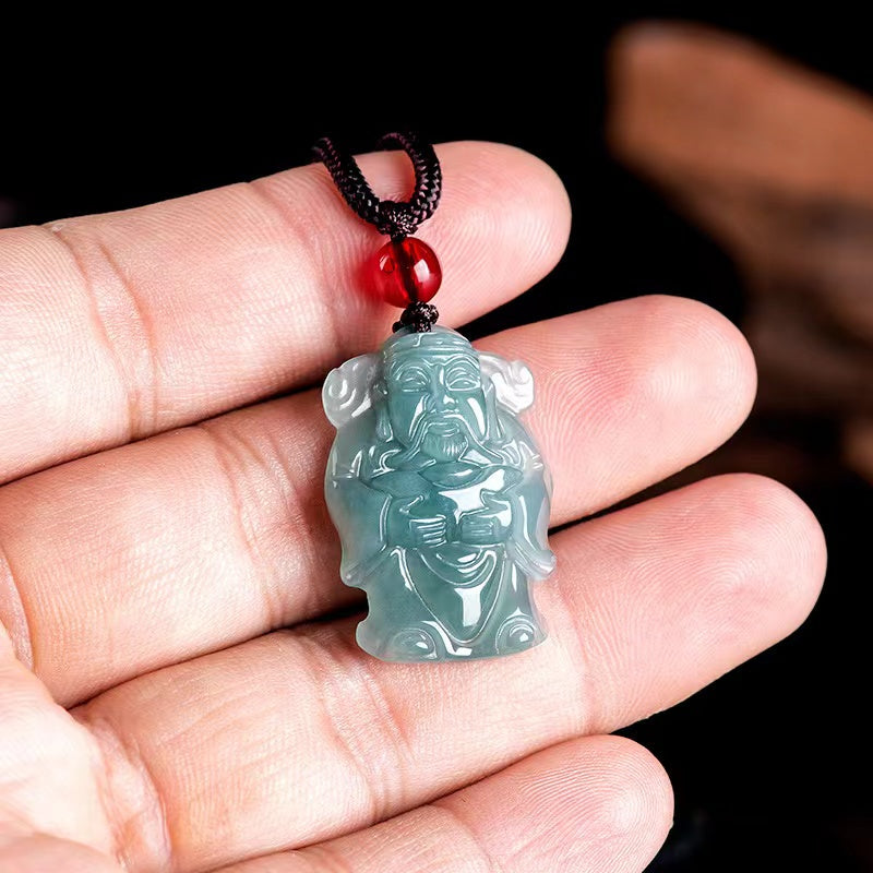 Cai Shen Jade Charm Pendant Necklace for Lucky Wealth Good Fortune Career Success