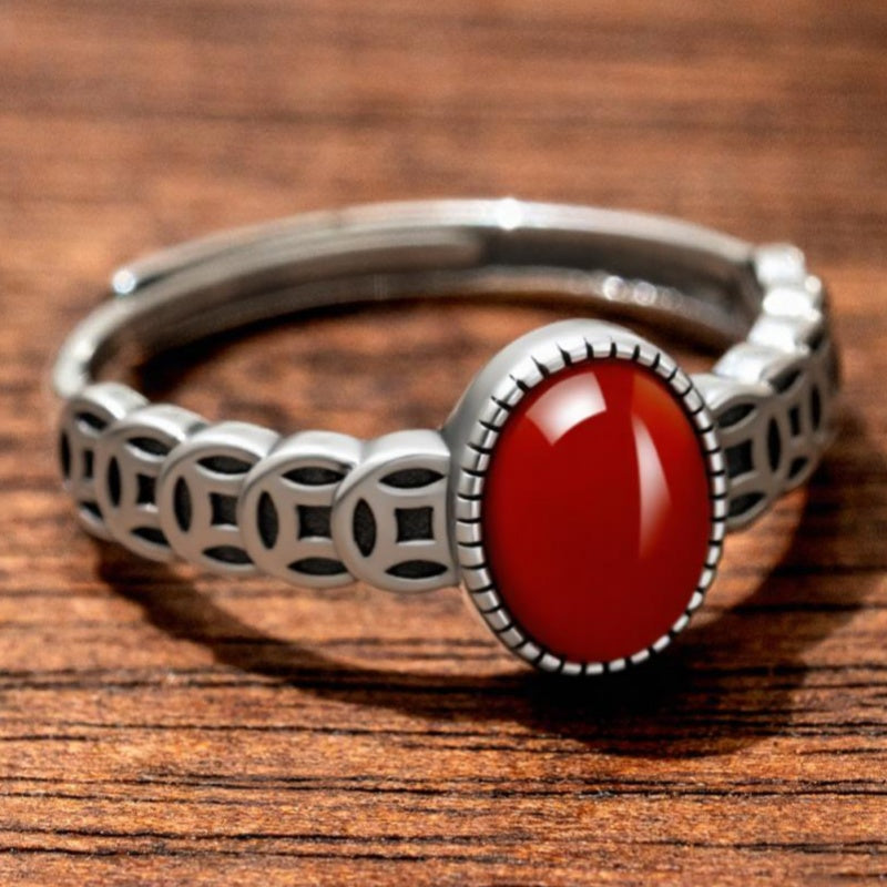 Ancient Coin Red Agate S925 Silver Adjustable Ring-Timeless Radiance