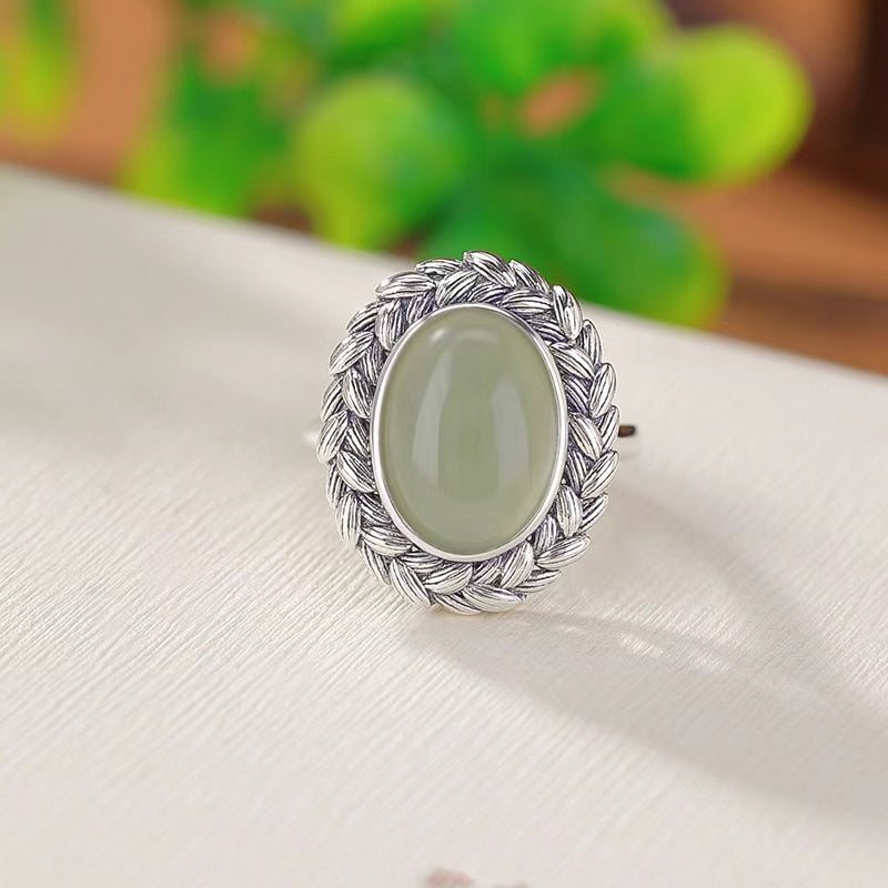 Hetian Jade Wheat Engraved Milgrain Cabochon Ring-Prosperity Luck