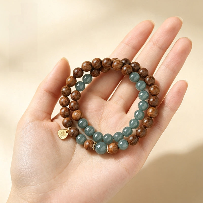 Sandalwood Blue Jadeite Double-Wrap Bracelet-Grounded Clarity