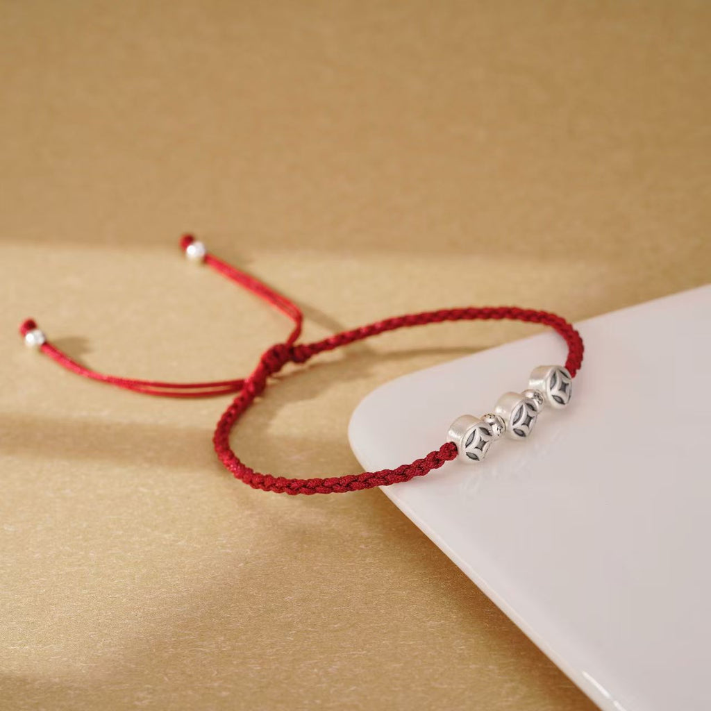 Enduring Fortune Antique Silver 3D Coin Red String Bracelet