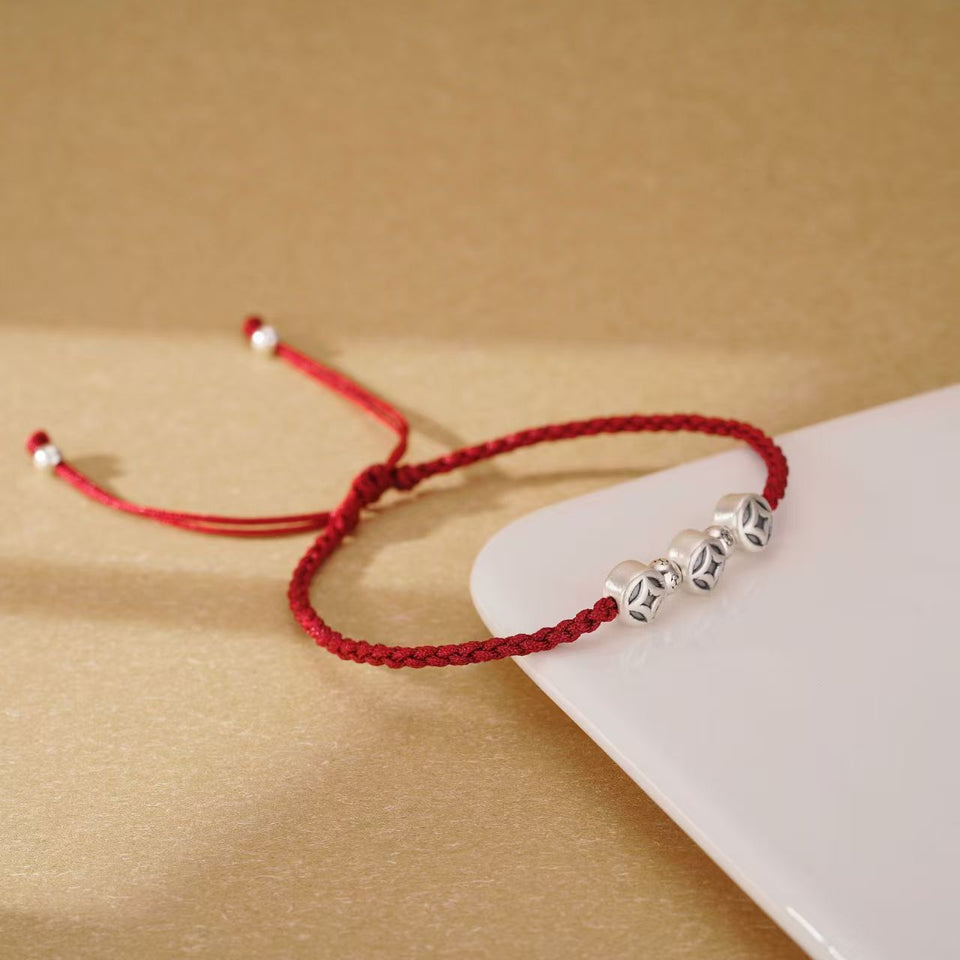 Enduring Fortune Antique Silver 3D Coin Red String Bracelet