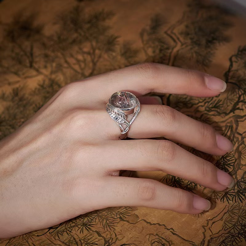 Black Phantom Crystal Hollow Leaf Vintage Silver Ring-Stress Relief and Emotional Balance