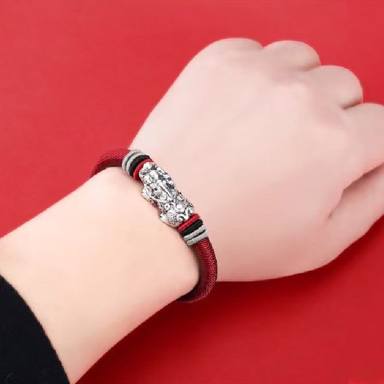 999 Silver Pixiu Handmade Rope Magnetic Clasp Bracelet-Attract Wealth