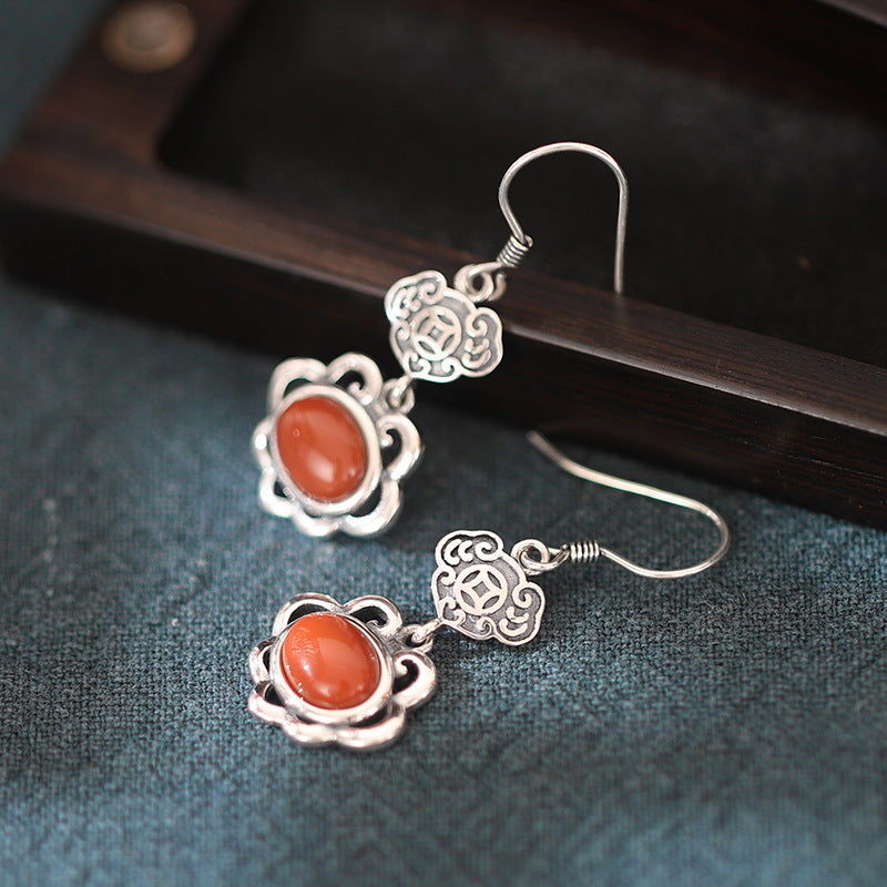 Auspicious Cloud Nephrite Jade or Red Agate S925 Silver Earrings-Wishes for Good Days