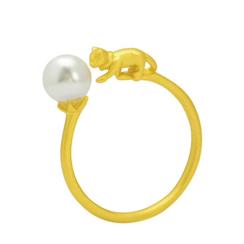 Original Design Gold Cat Pearl Silver Ring-Good Luck and Prosperity