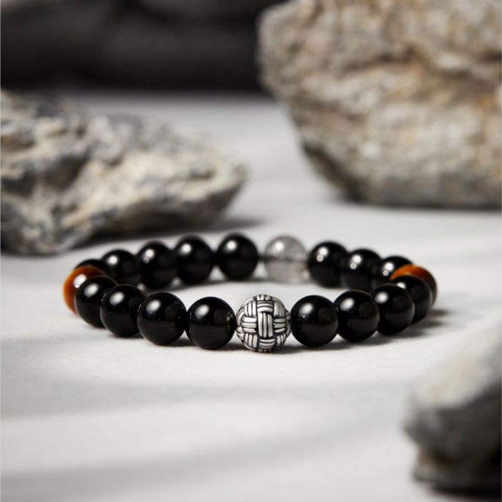 Intertwined Hearts-Fine Silver & Obsidian Bead Bracelet