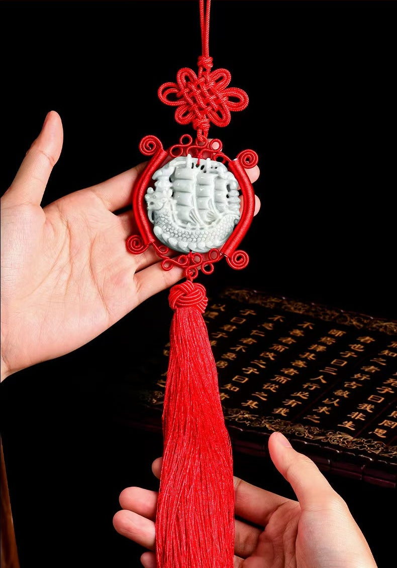 Jade Dragon Boat Car Hanging Ornament – Safe Journey & Success Charm with Red Tassel