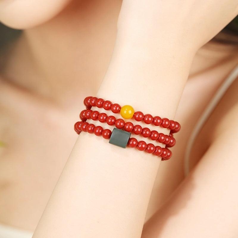 Steady Turns-Cinnabar Jadeite Triple-Wrap Bracelet