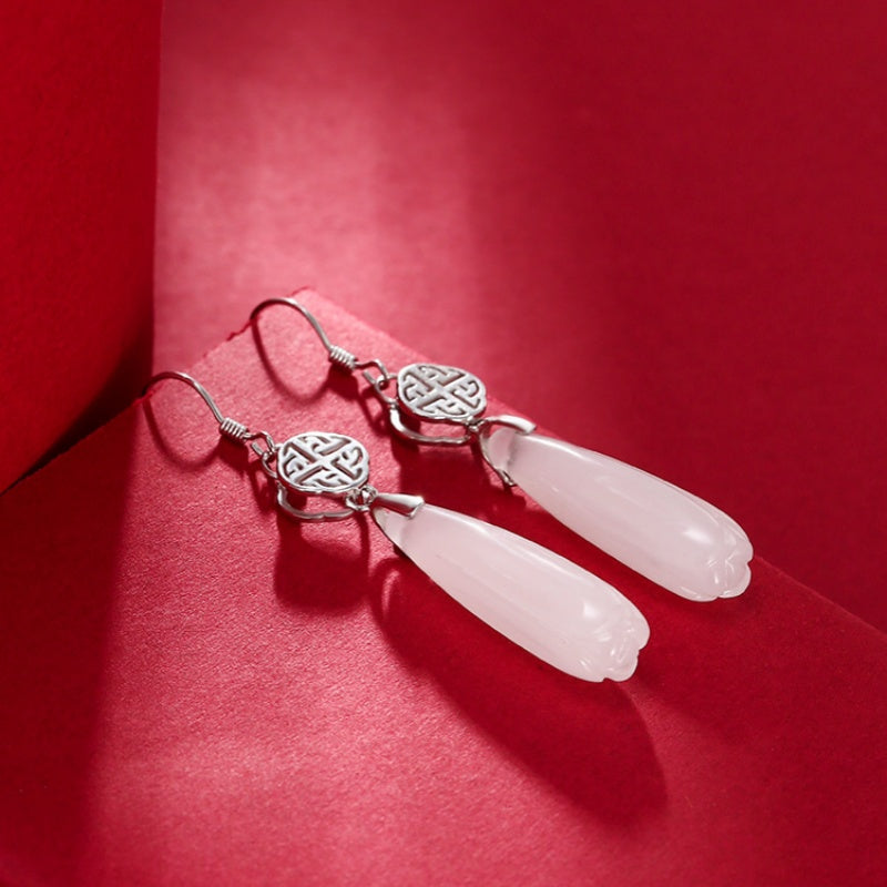 White Jade Magnolia Flower Silver Earrings